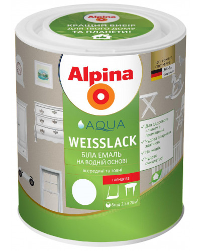 Емаль акрилова біла на основі чистого акрилату Alpina Aqua Weisslack/мат. 2,5л